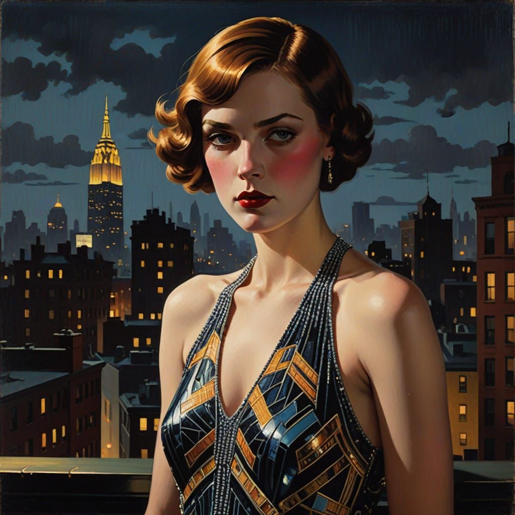 1920s Flapper Girl in Art Deco Cityscape