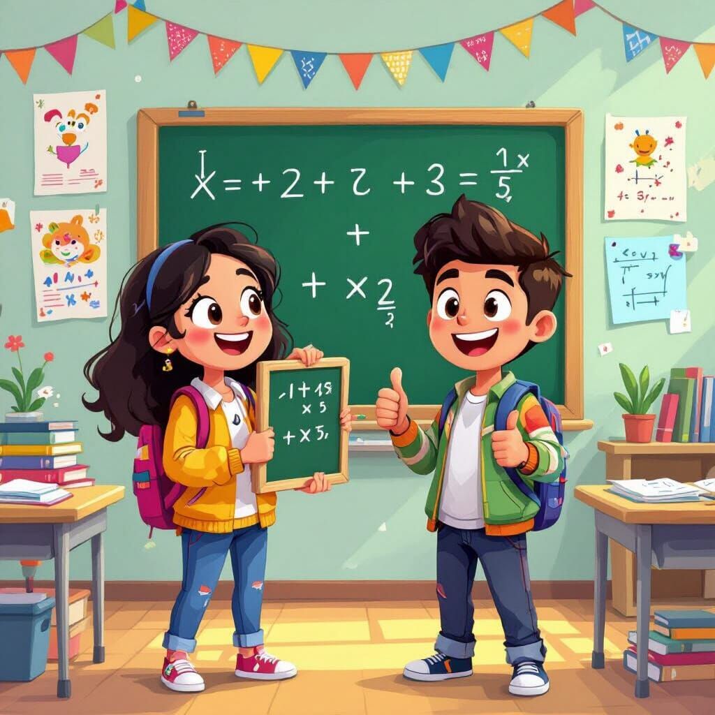 Excited Students Learn Addition in Cartoon Style