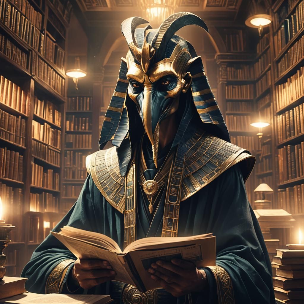 Hyperrealistic Thoth Reading in Mystical Library