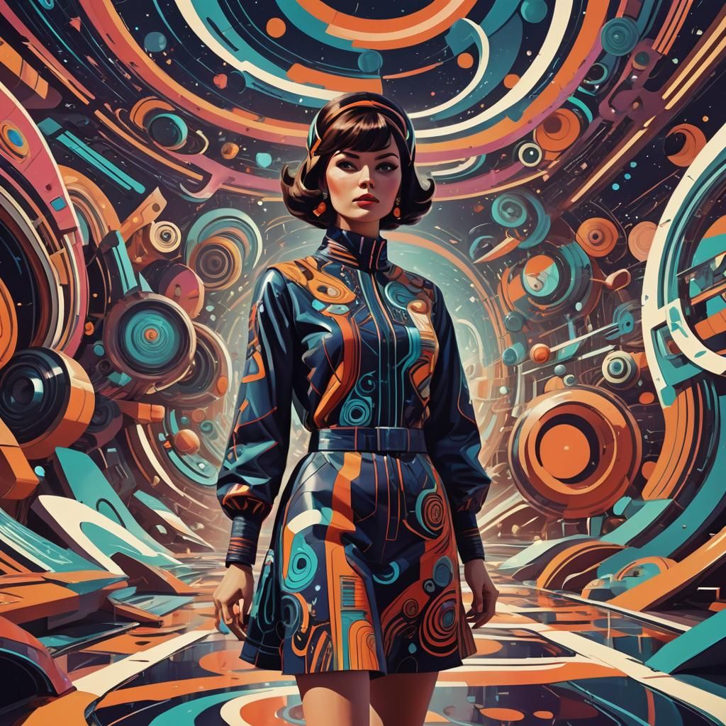 Retro-Futuristic 1960s Woman in Surreal Scene