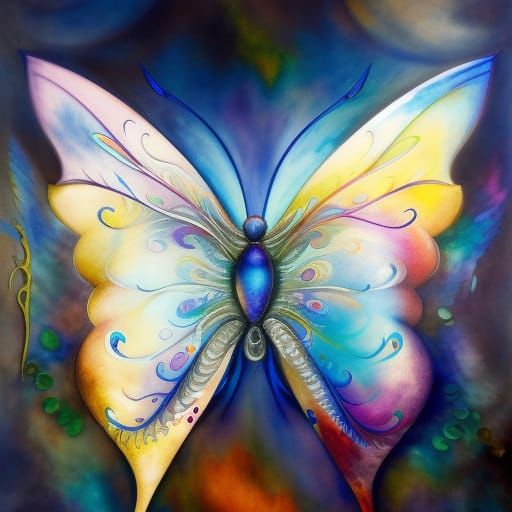Metallic Butterfly Emerges in Colorful Ink Flow