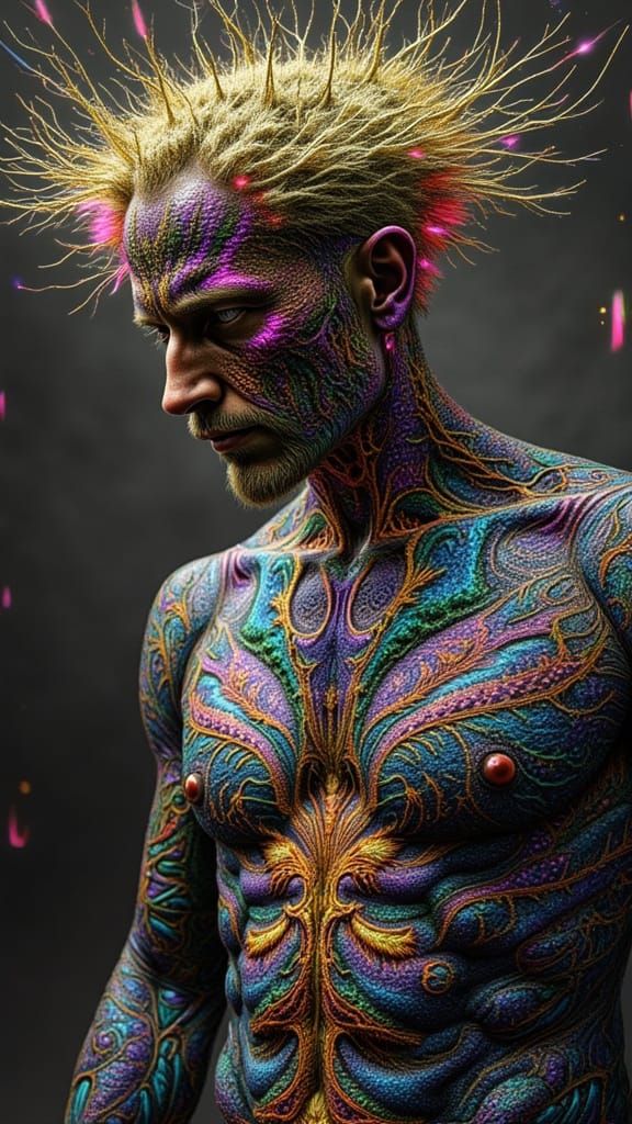 Fractal-Faced Man in Surreal Optical Illusion Dreamscape