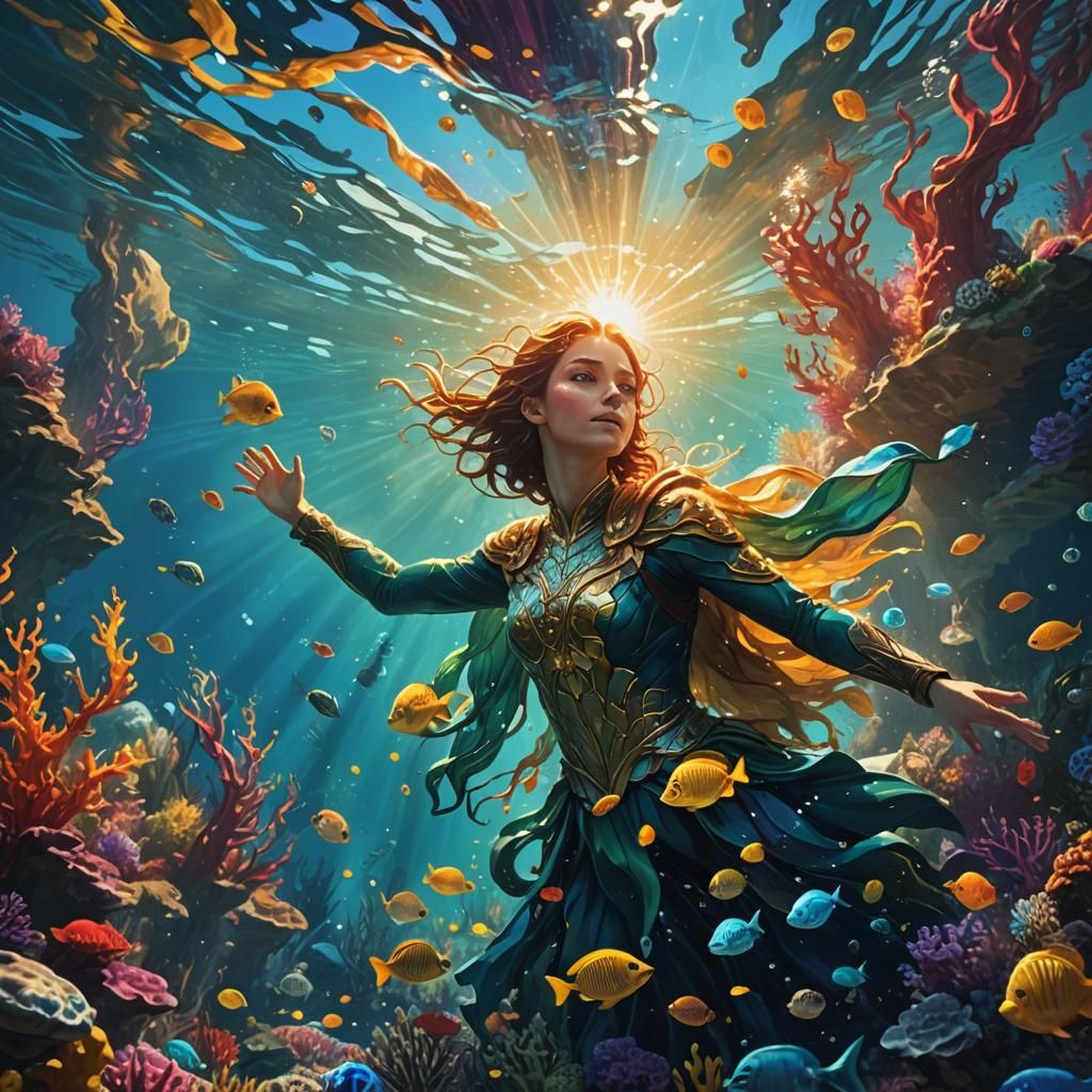 Vibrant Underwater Mythical Realm in Hyperrealistic Style