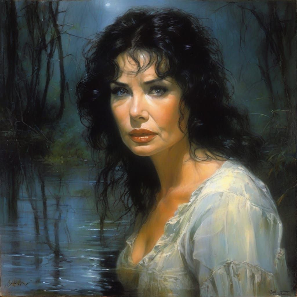Cajun Woman Fleeing Swamp: Ominous Oil Painting