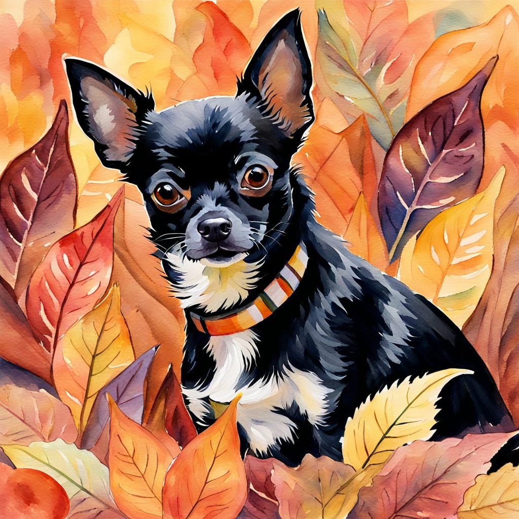 Chihuahua in Autumn Leaves as Expressive Watercolor