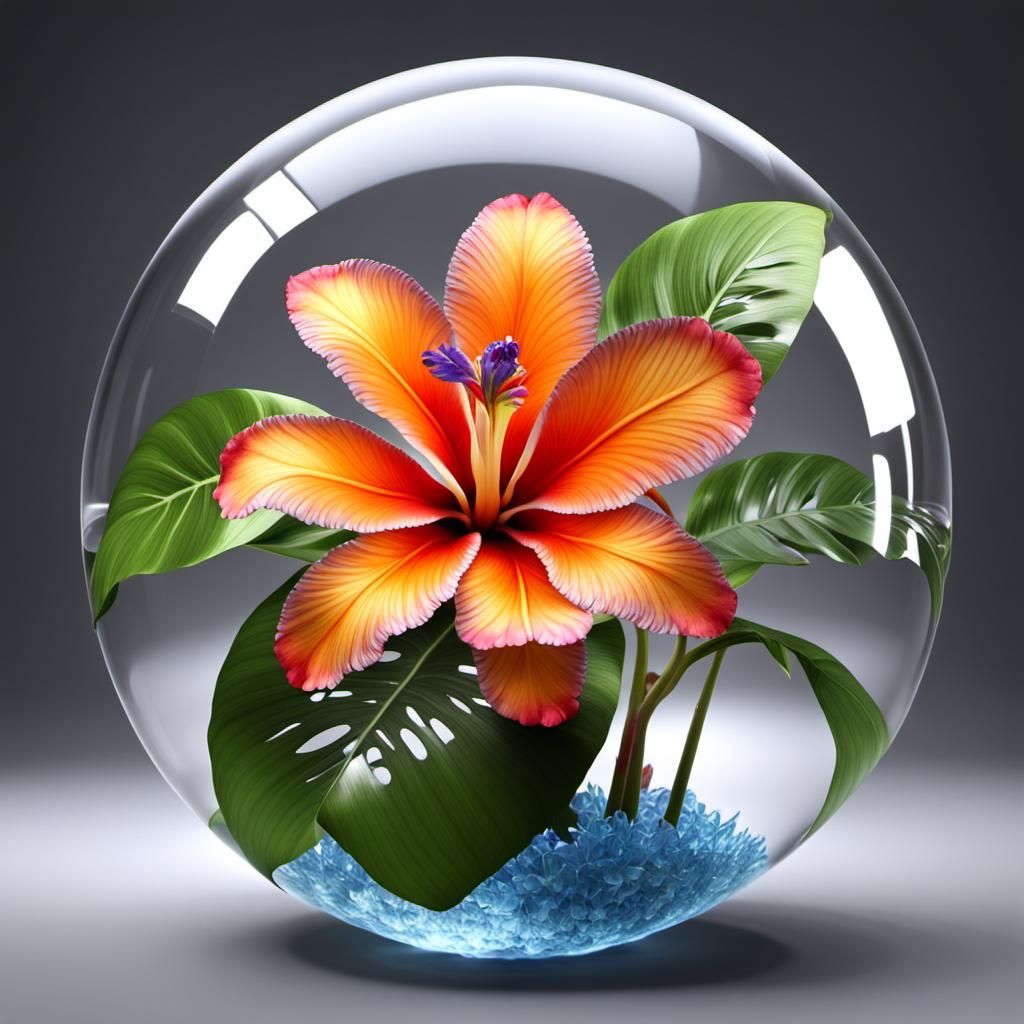 Tropical Flower Encased in Glass Globe: Hyperrealistic 4K