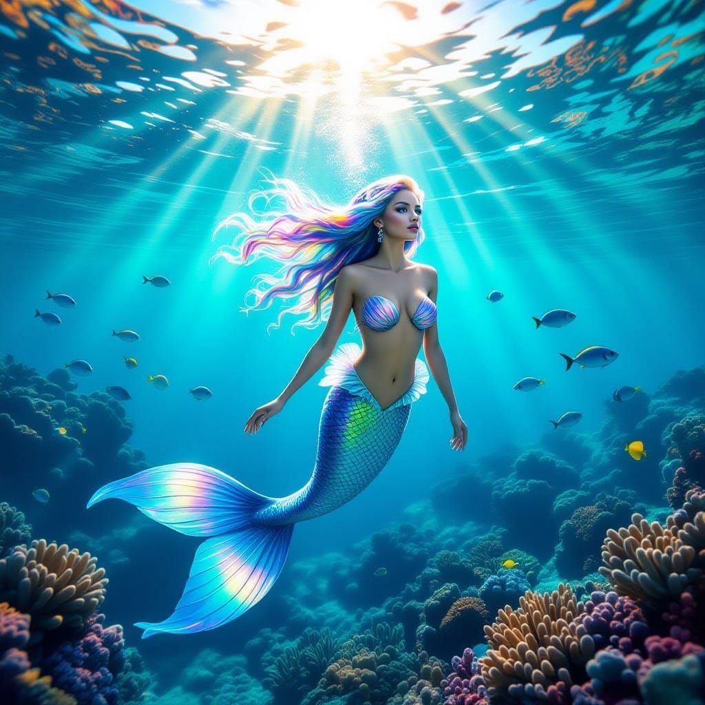 Hyperrealistic Mermaid in Vibrant Coral Reef