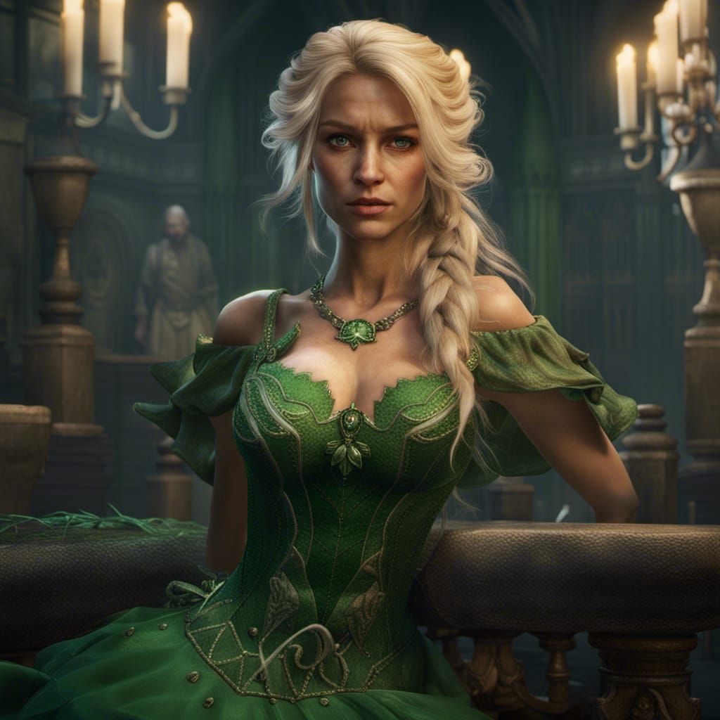 Blonde Woman in Green Dress: Fantasy Art