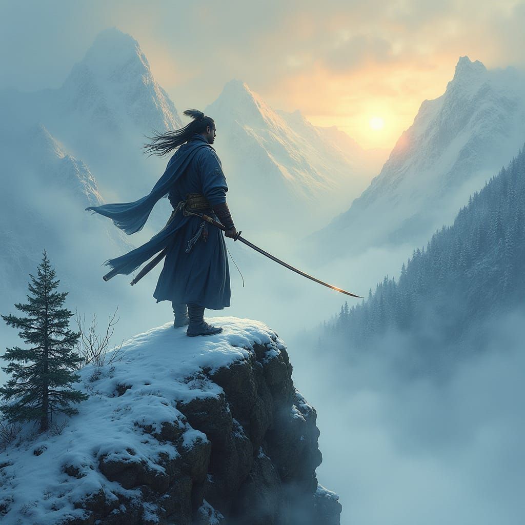 Samurai on Snowy Peak: Dark Fantasy Art