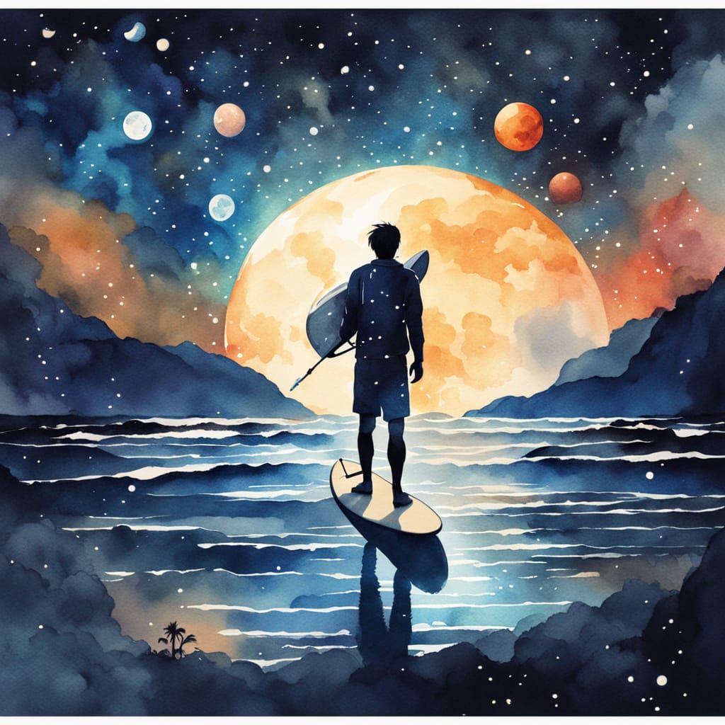 Watercolor Surfer Gazing at Stars and Planets