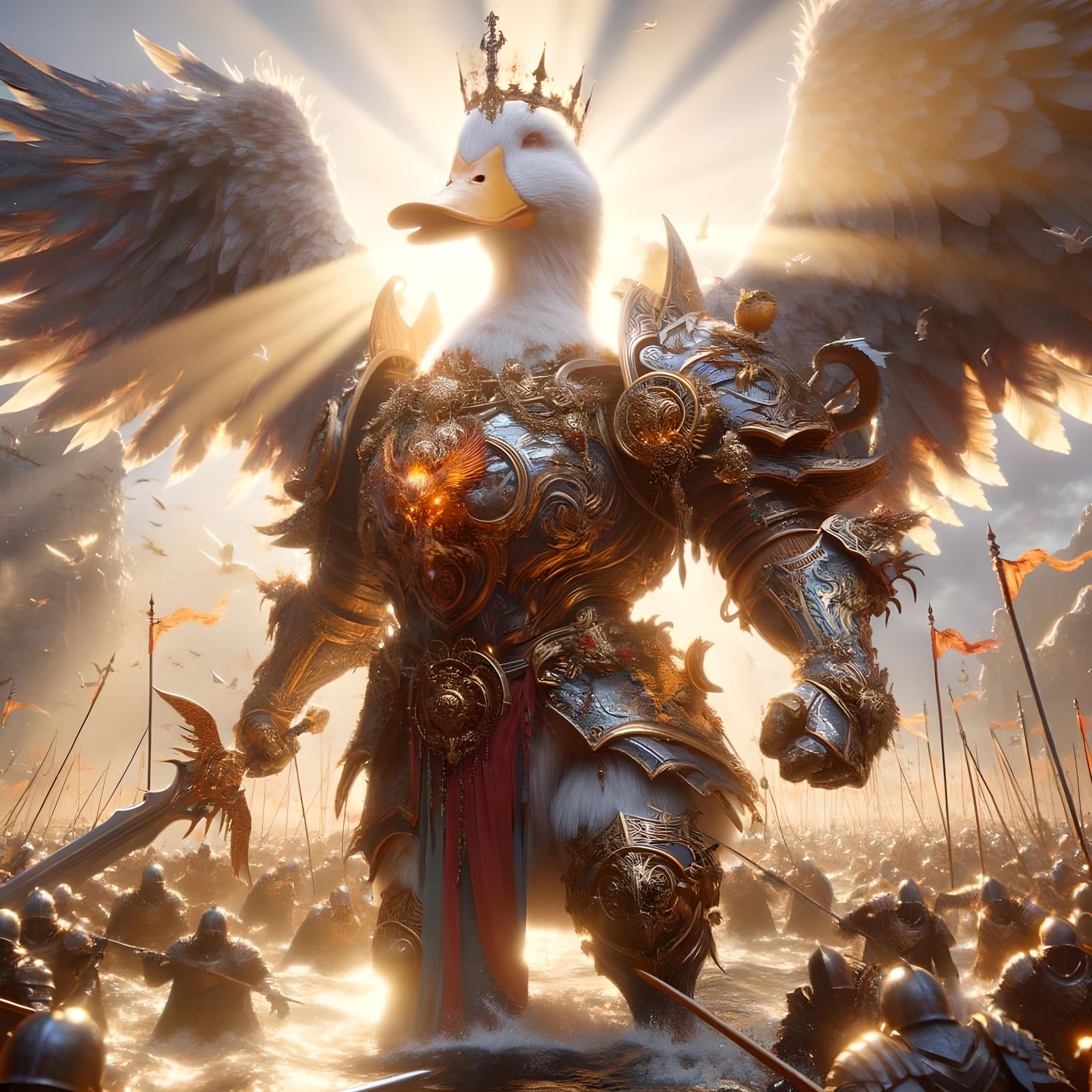 Armored Duck Commander on Battlefield, Epic 8k Concept Art