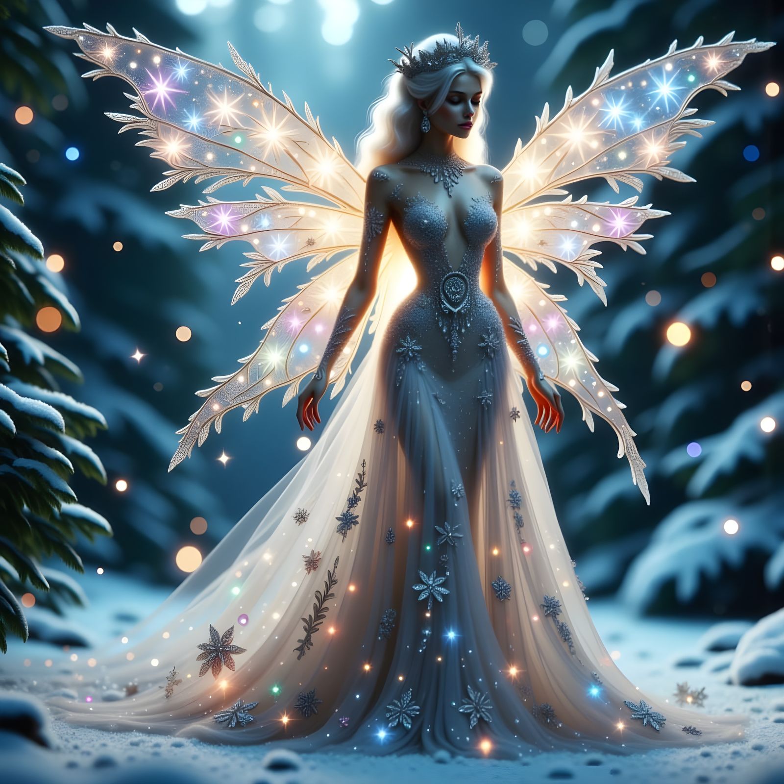 Elegant Winter Fairy in Snowy Forest