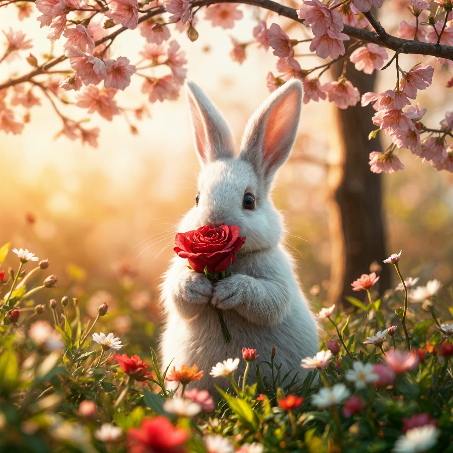 Tiny White Bunny Holding a Red Rose in a Fantastical Garden