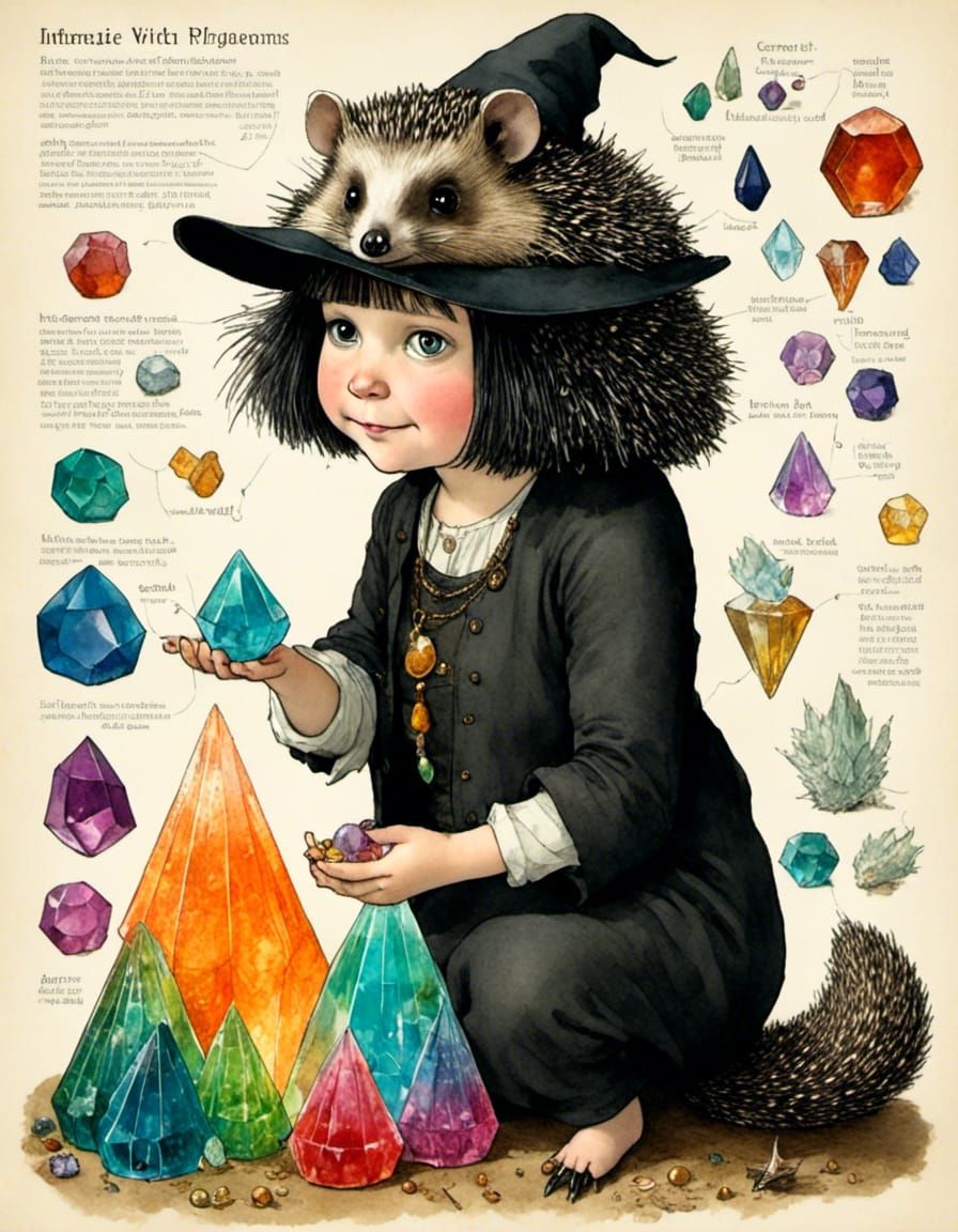Witch Studying Crystals with Hedgehog Familiar