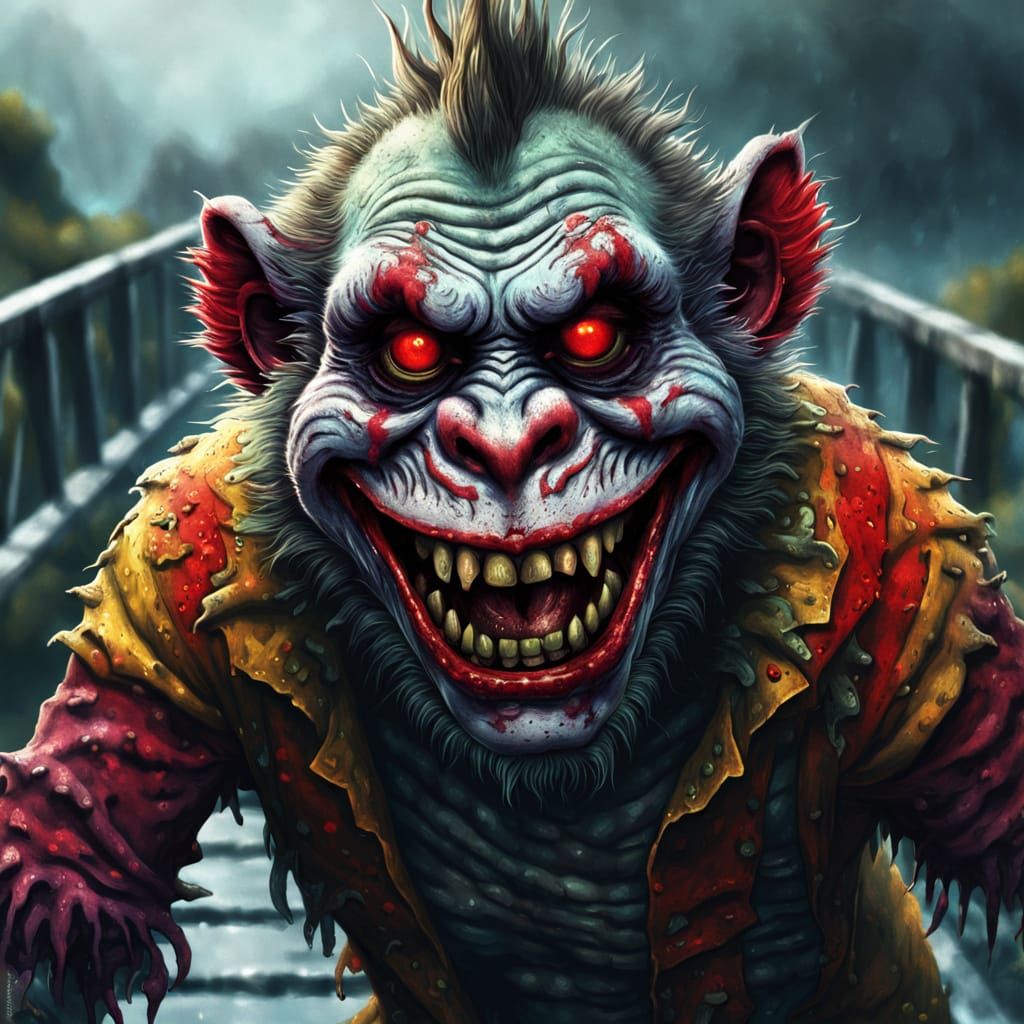 Sci-Fi Zombie Monkey Clown Troll Grinning on Bridge