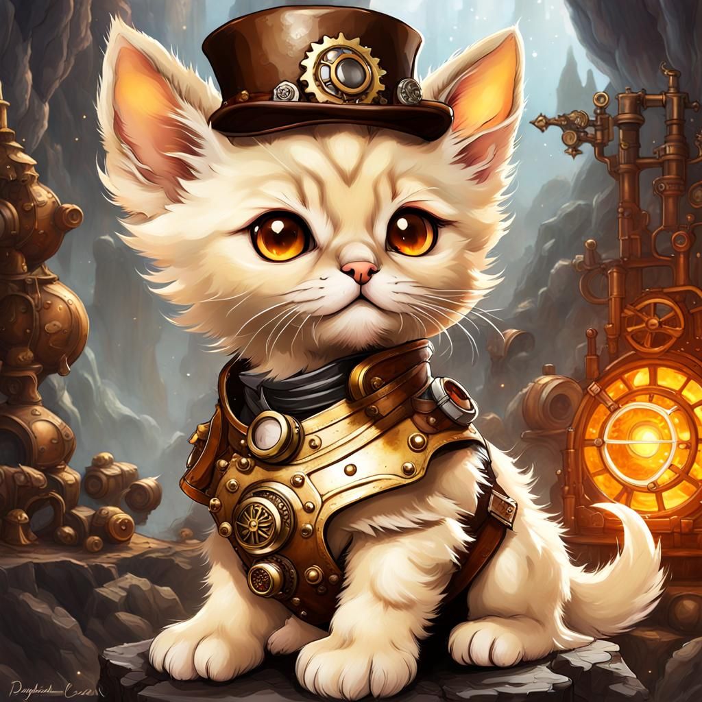 Steampunk Burmese Kitten Sorcerer in Crystal Cave