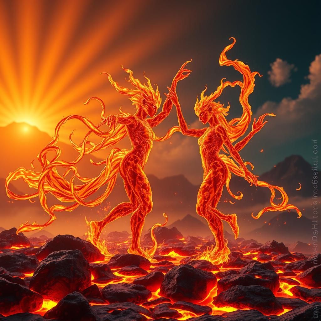 Fire Elementals Dance in Volcanic Landscape