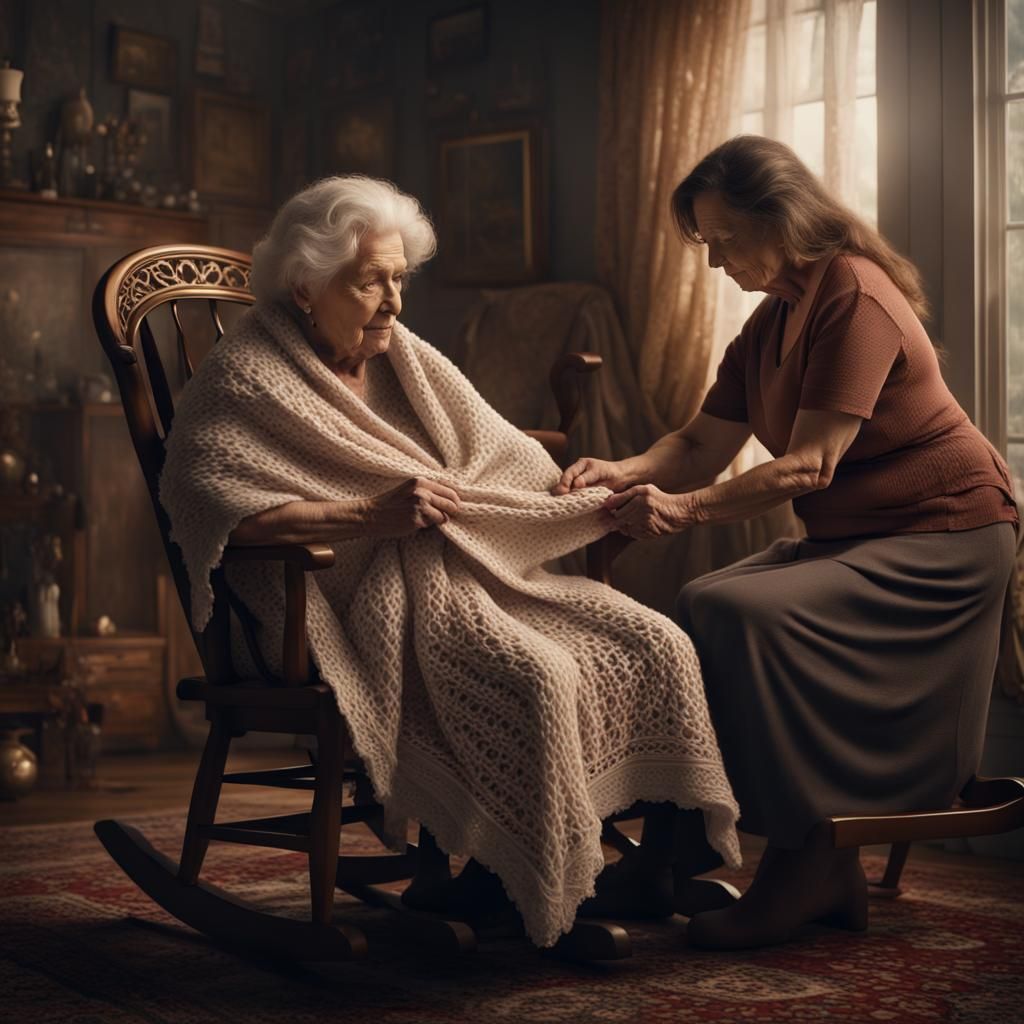 Touching Image of Woman Giving Shawl to Elderly Lady