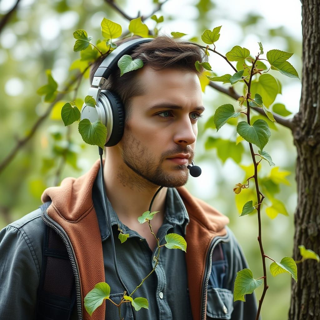 Man Connects to Nature via Tree Vine Headphones