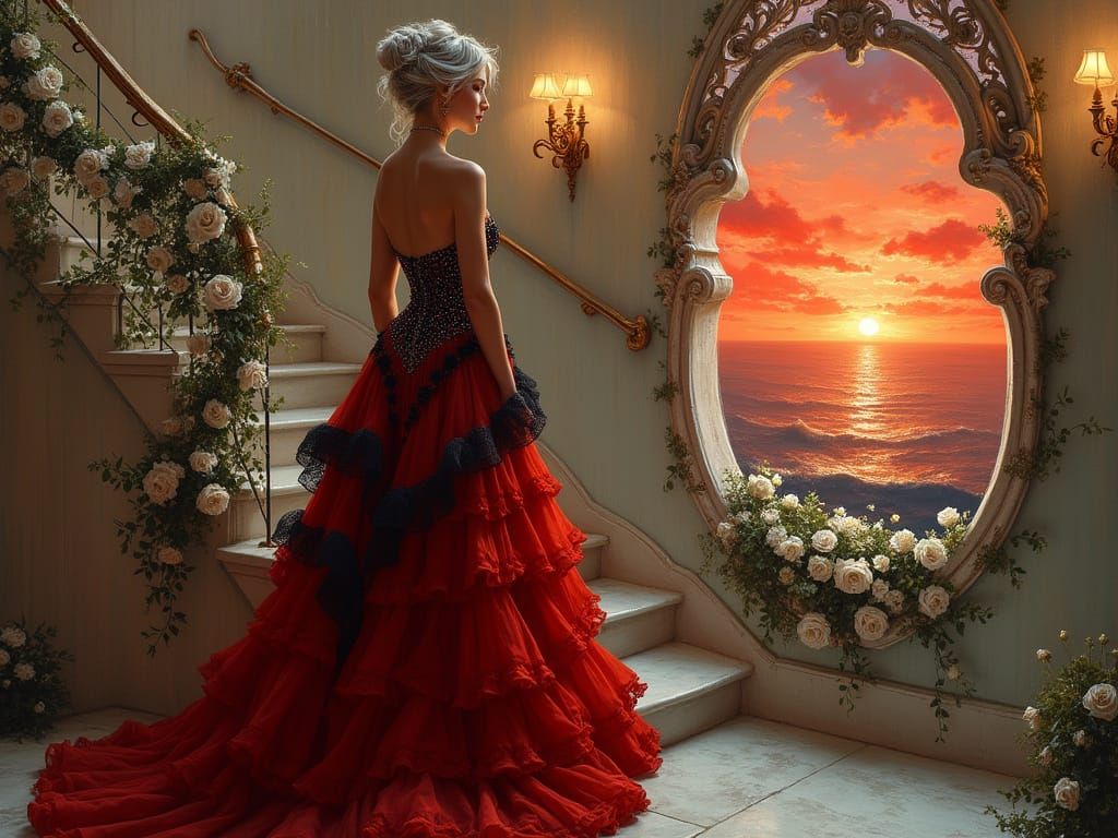 Elegant Woman in Red Gown on Ornate Staircase