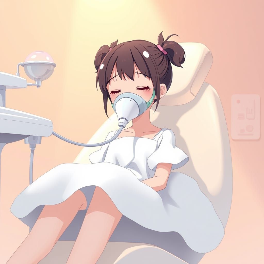 Anime Girl in Dentist Chair with Anesthesia Mask
