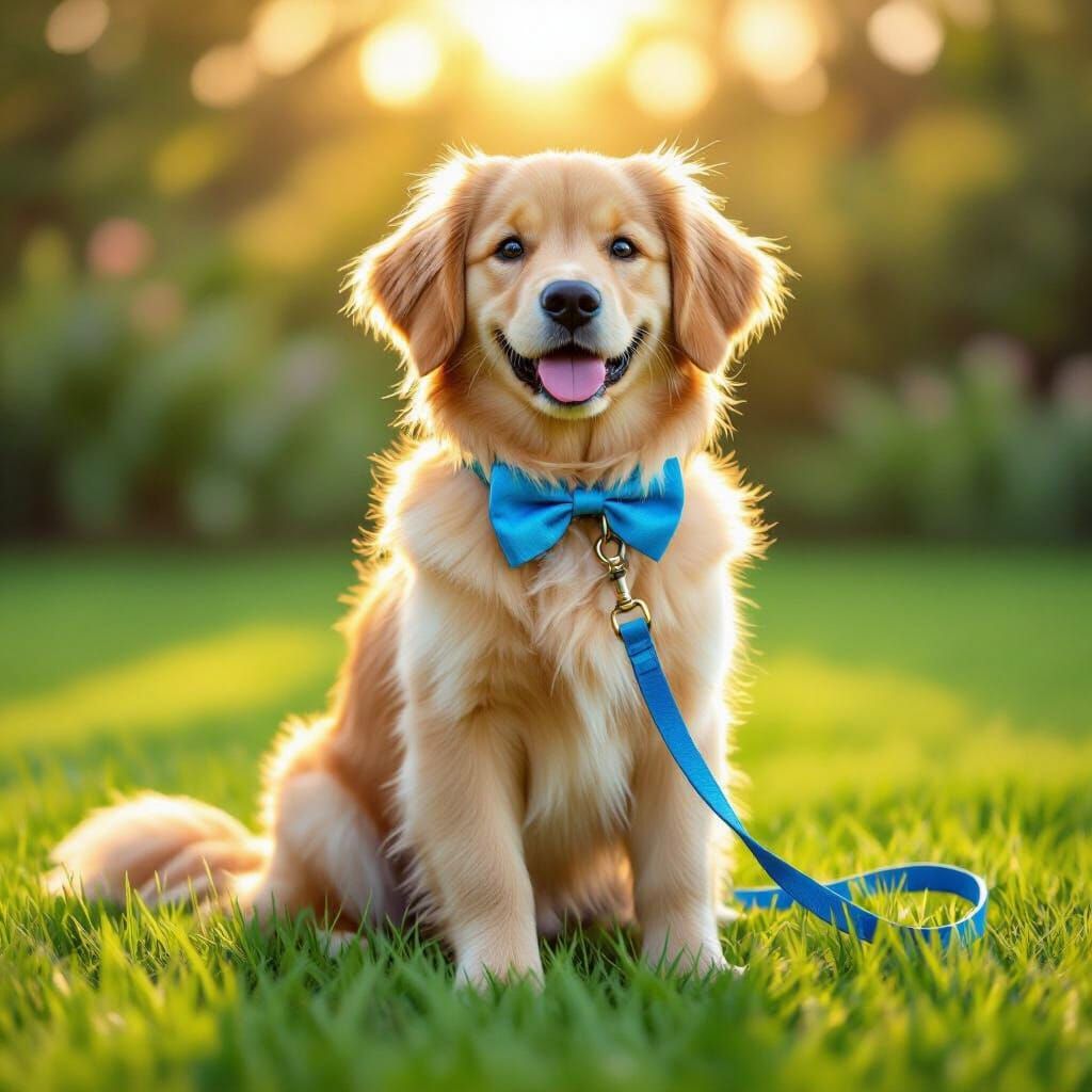 Golden Retriever with Blue Bow on Green Lawn