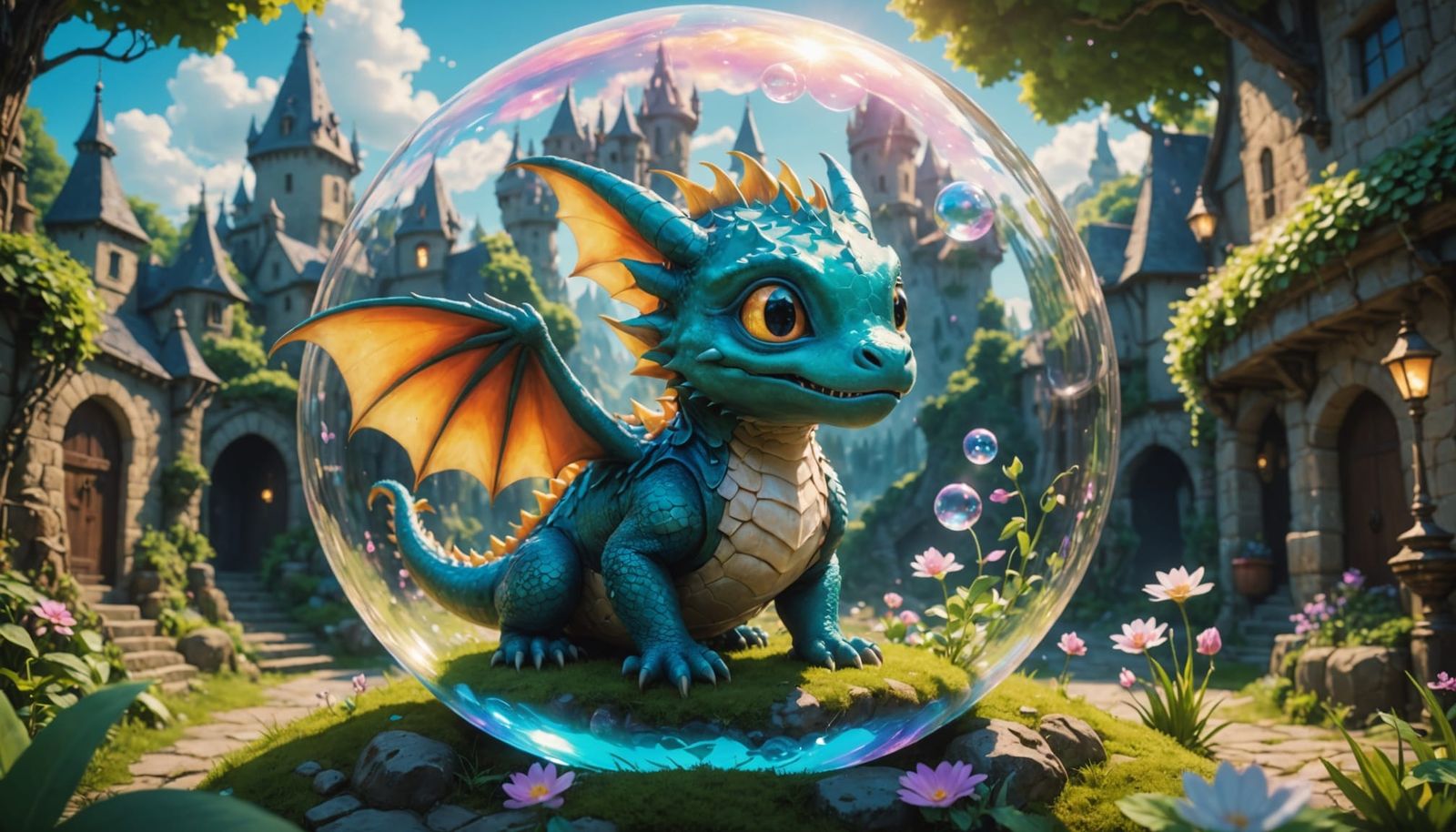 Baby Dragon in Bubble in Fantasy Landscape