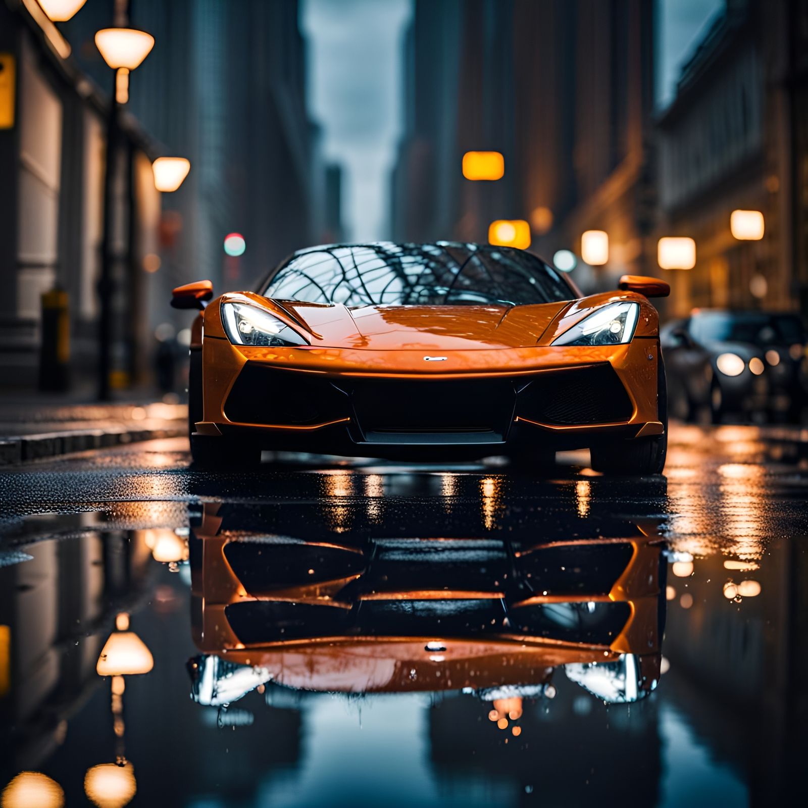 Supercar Reflections on Rainy City Street