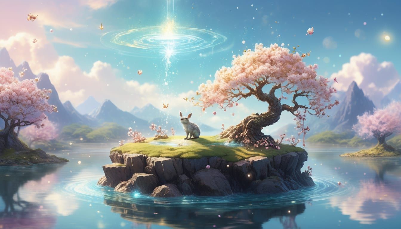 Magical Creature on Floating Island with Cherry Blossoms