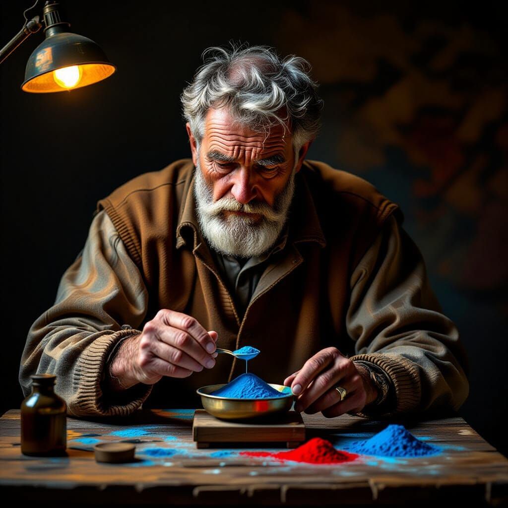 Elderly Man Measures Powders: Hyperrealistic Art