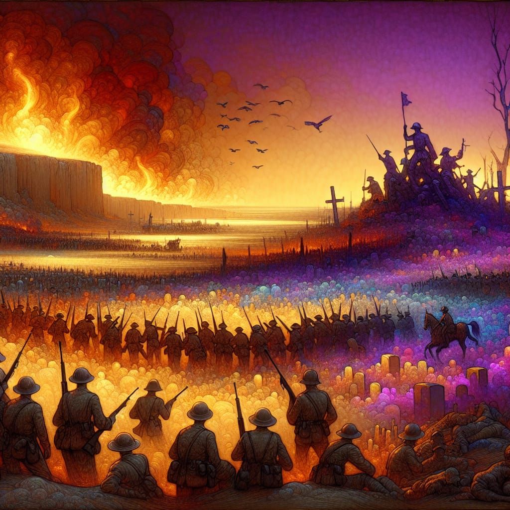 Dreamlike War Scene in Art Nouveau Style