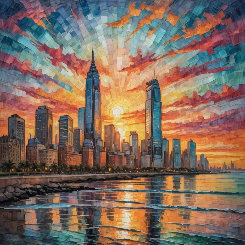 Skyscraper Sunset Reflecting on Coastline as Impressionist P...