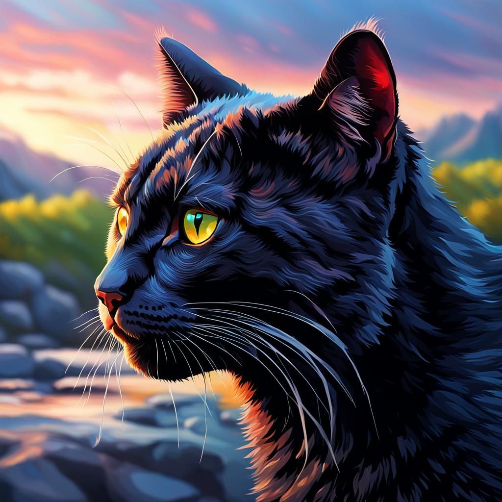 Black Pixel Cat in Hyperrealistic Landscape