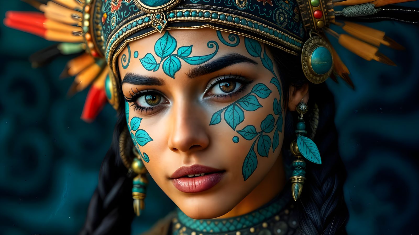 Latina Aztec Goddess with Leaf-Inspired Makeup in a Dynamic ...
