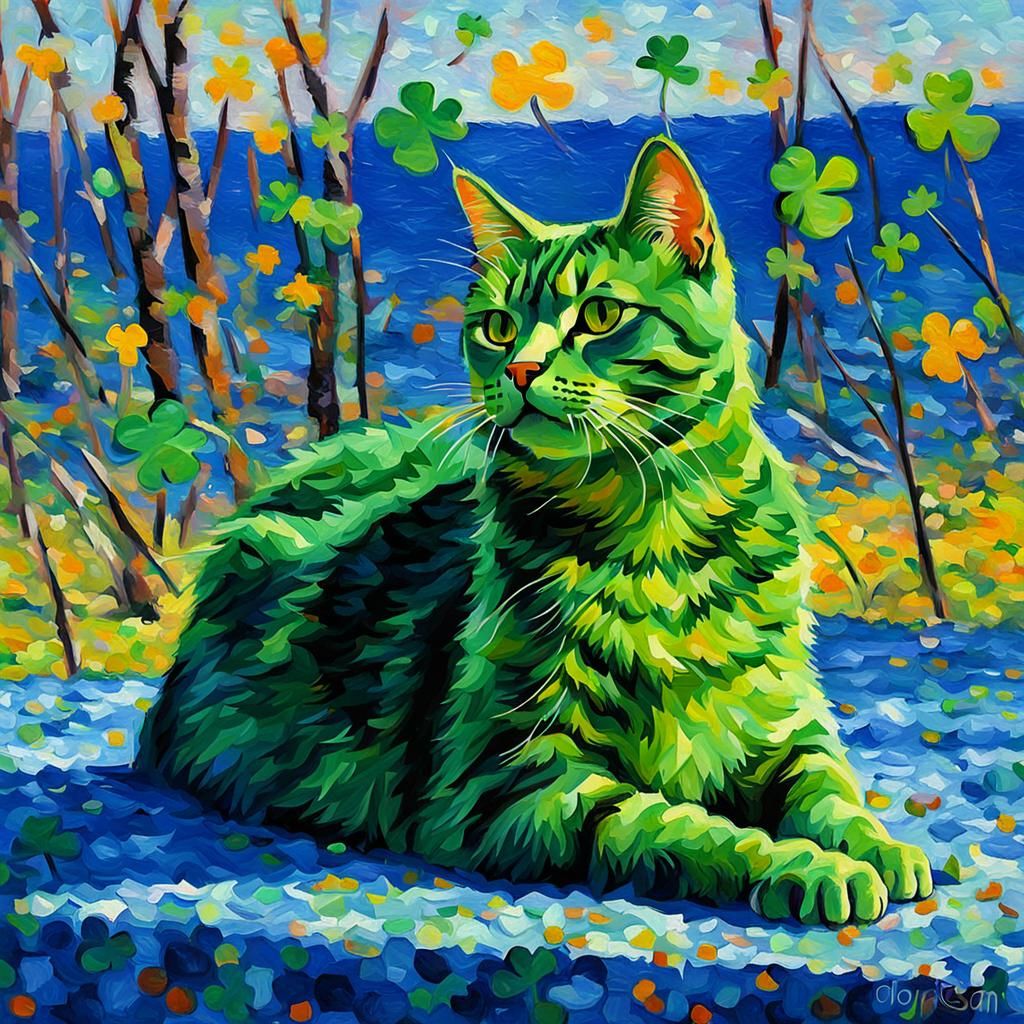 St. Patrick's Day Cat in Impressionist Style