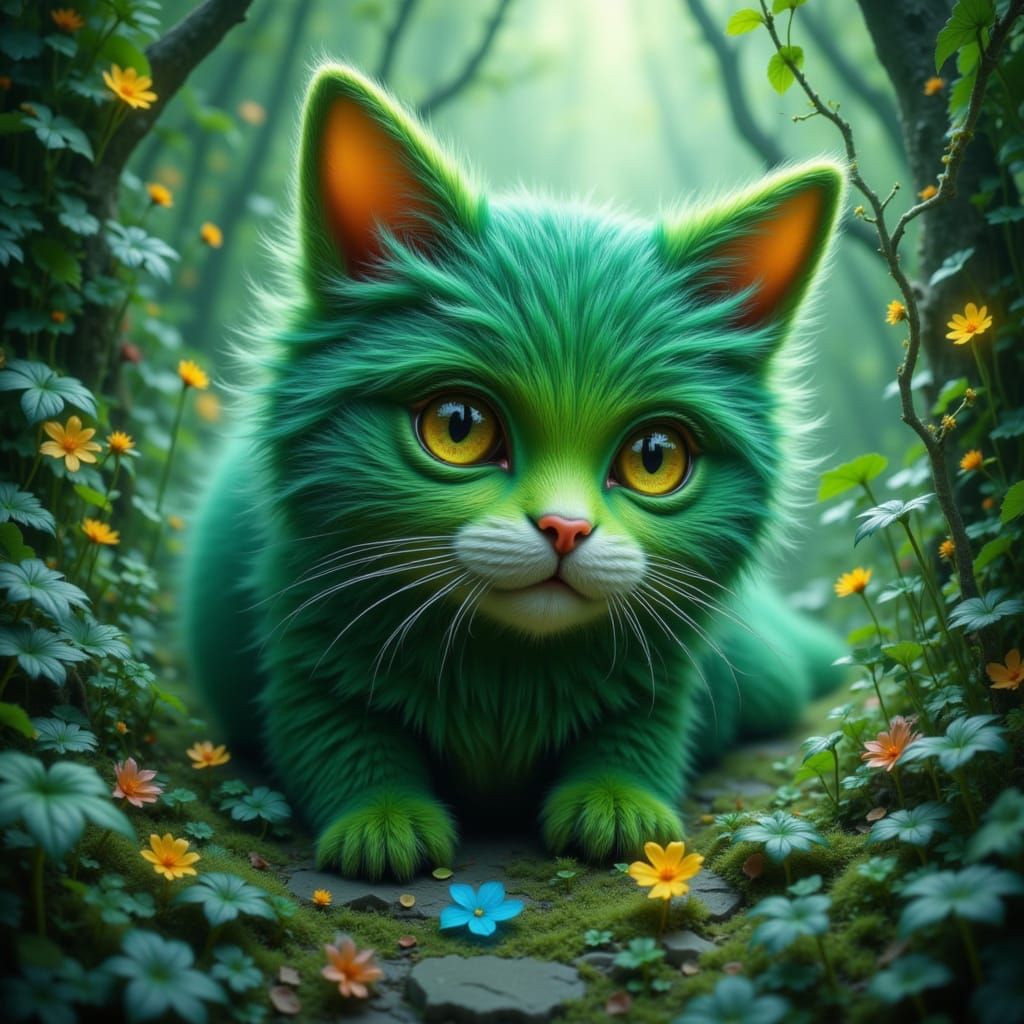 Cat Caterpillar Hybrid in Mystical Forest