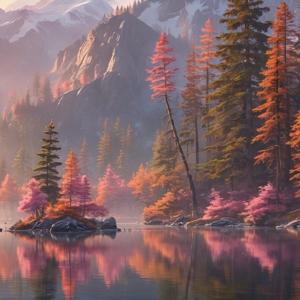 Peaceful Mountain Lake: Luminous Digital Painting