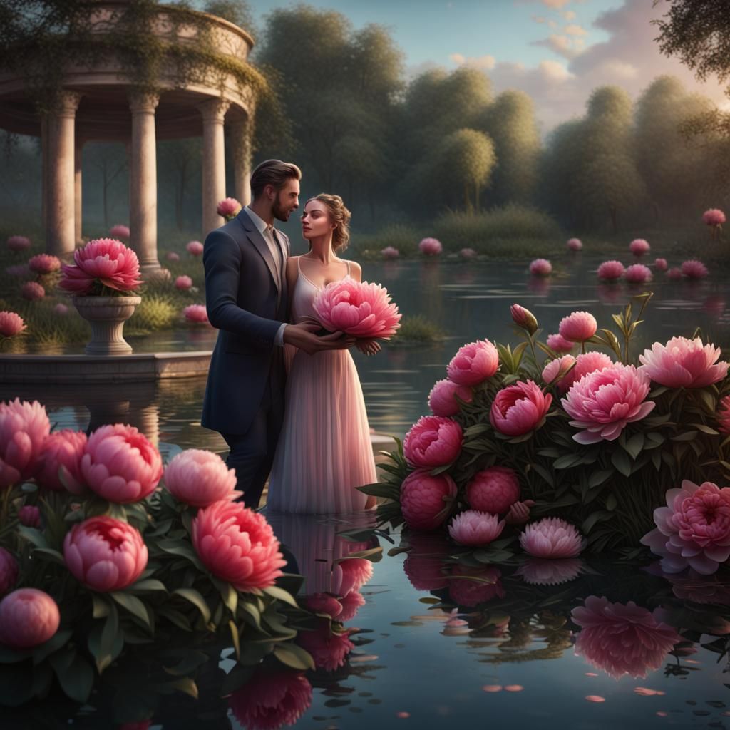 Elegant Man Gives Peonies in Fantasy Garden