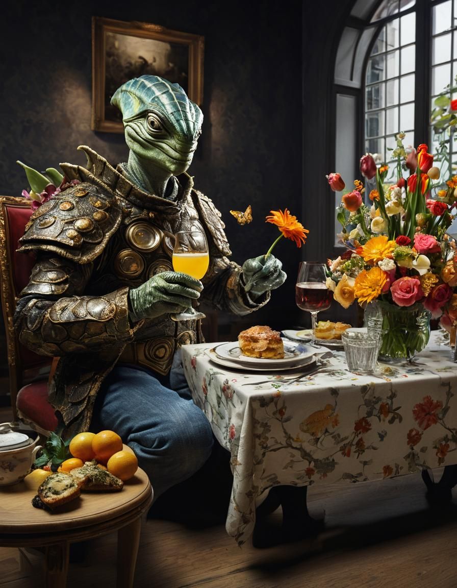 Exotic Aliens Celebrate: A Surreal Restaurant Scene