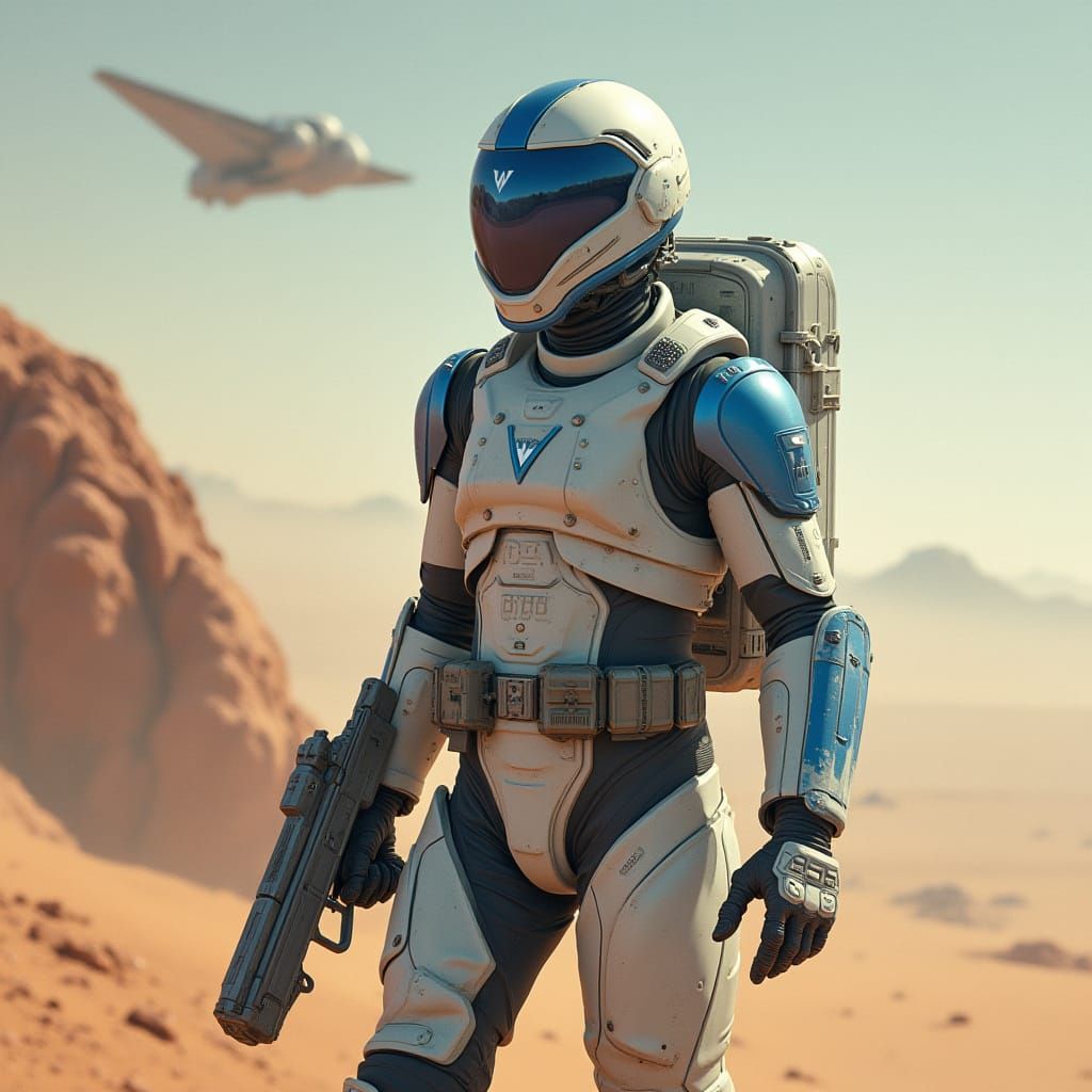 Astronaut in Spacesuit Floating Above Desert Planet