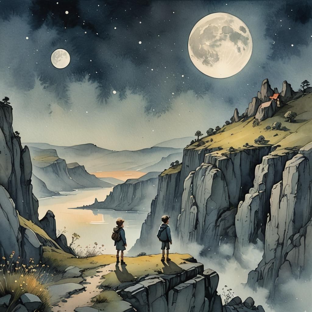 Moonlit Hill: A Whimsical Watercolor Painting