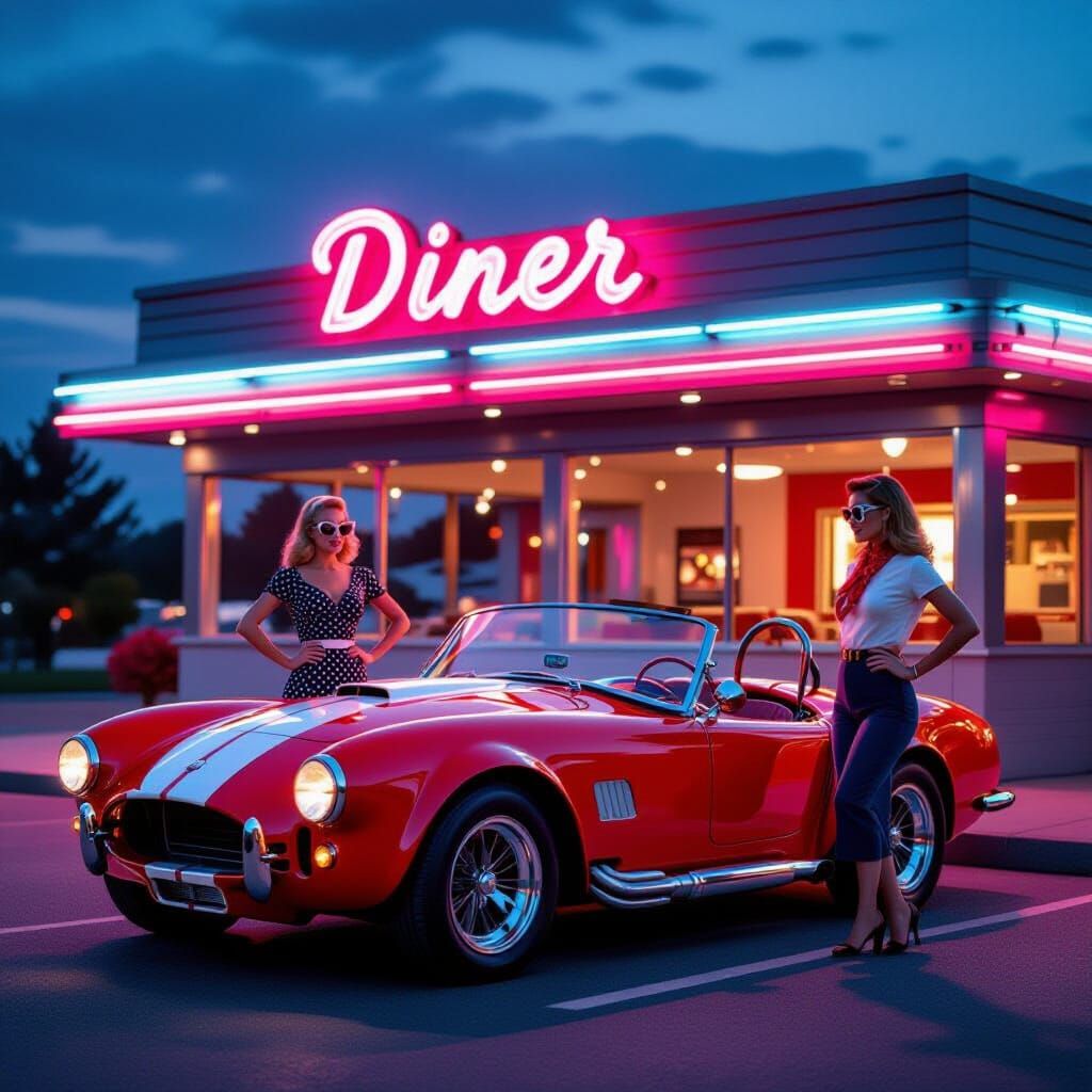Retro Diner Scene with Red Shelby Cobra