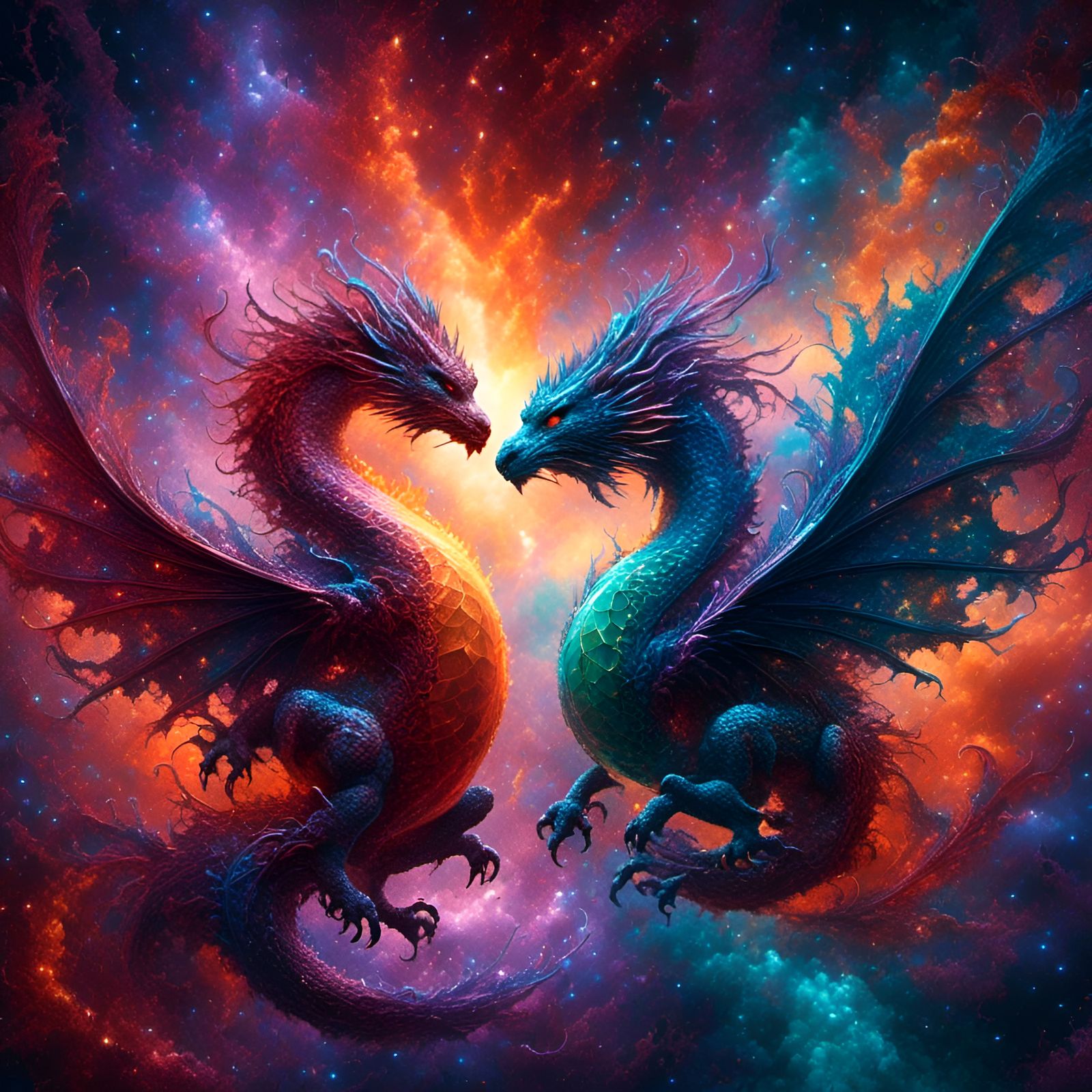 Nebula Dragons in Aurora Sky: 3D Cinematic Render