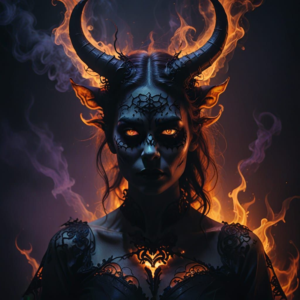 Demon Female Silhouette with Ethereal Smoke and Glowing Eyes