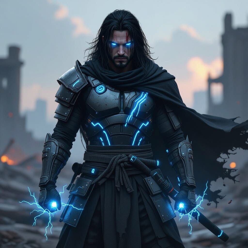 Lone Warrior in Dystopian Cyberpunk Battle