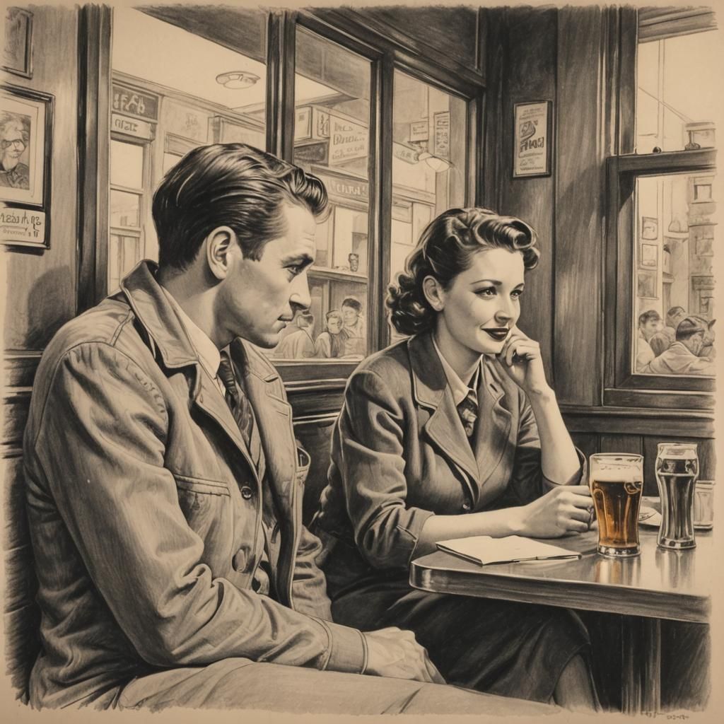 1940s Bar Scene: Friends in Vibrant Pencil Sketch