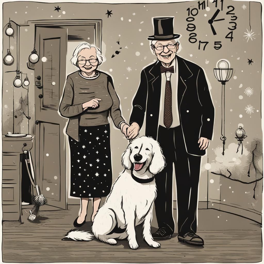 Happy Couple and Dog Celebrate New Year's Eve