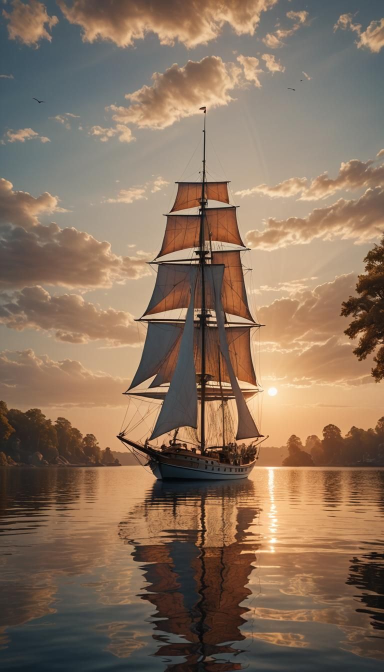 Surreal Sailboat and Mermaid on Serene Lake