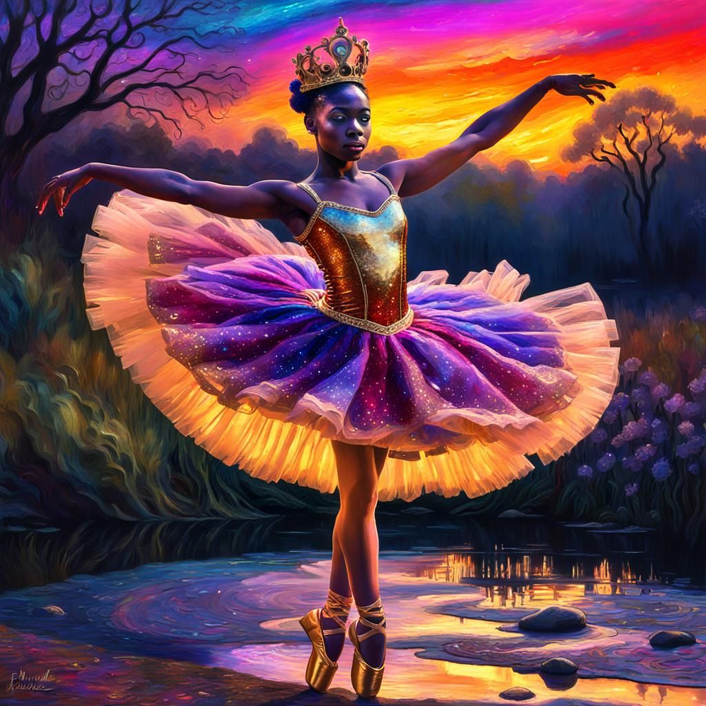 Steampunk Ballerina Dancing in Ethereal Landscape