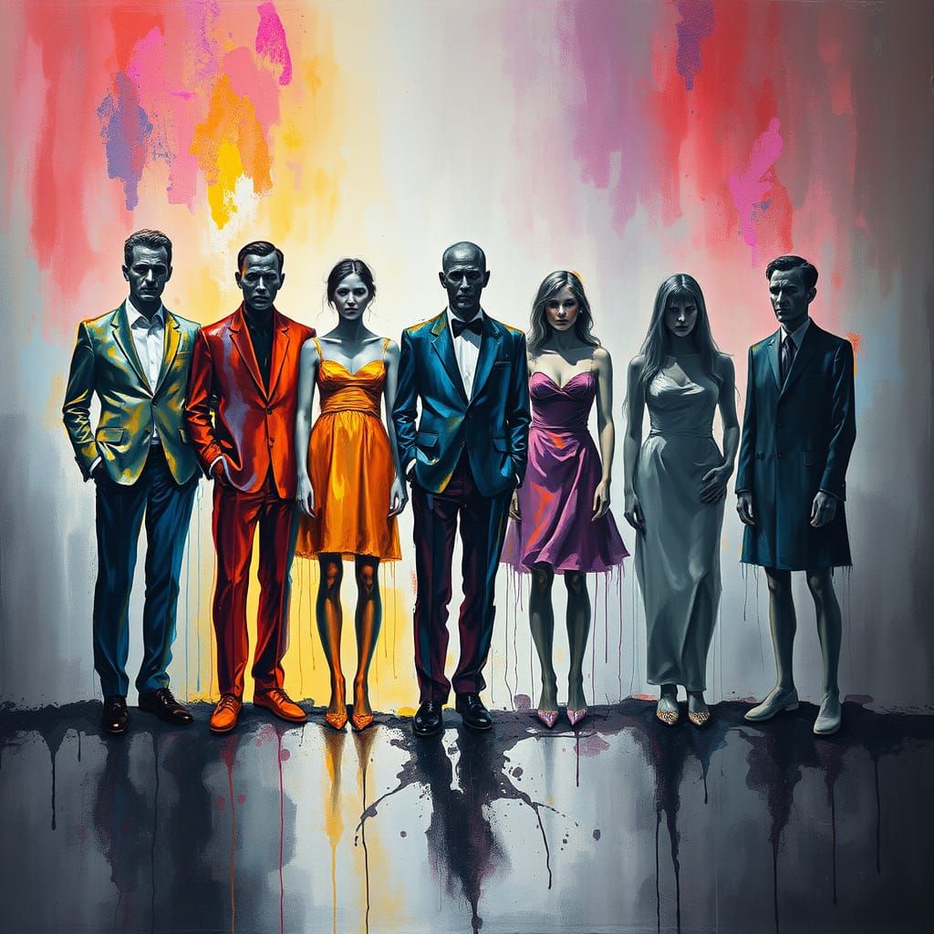 Vibrant Figures Dissolve into Grey Silhouettes in Abstract, ...